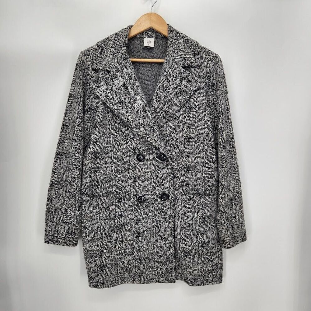 Cabi Agent Jacket Womens Medium Black Herringbone Mid Length Double Breasted